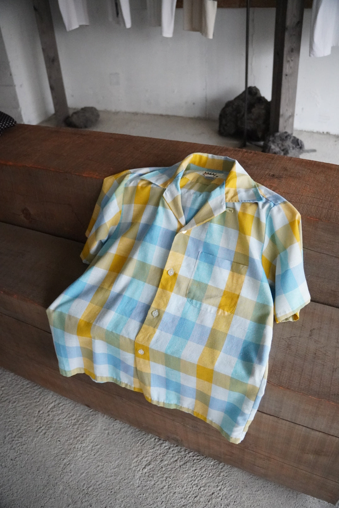 1970s s/s open collar check shirt