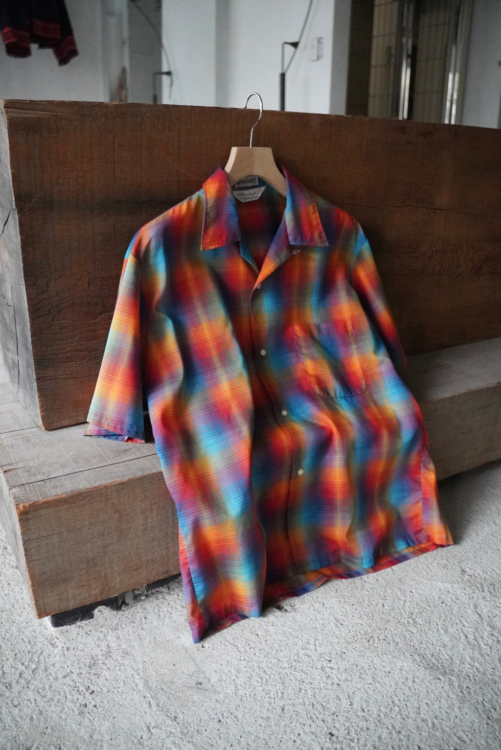 1970s s/s open collar shadow check shirt