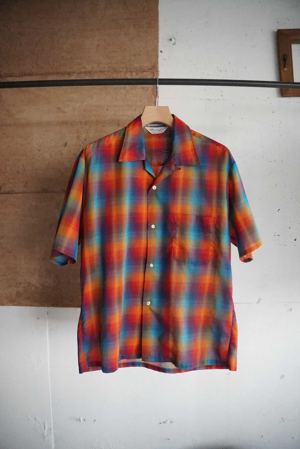 1970s s/s open collar shadow check shirt