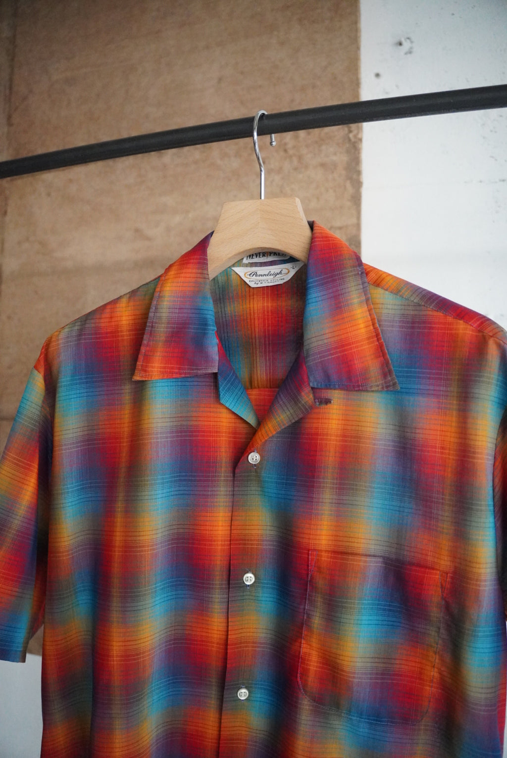 1970s s/s open collar shadow check shirt