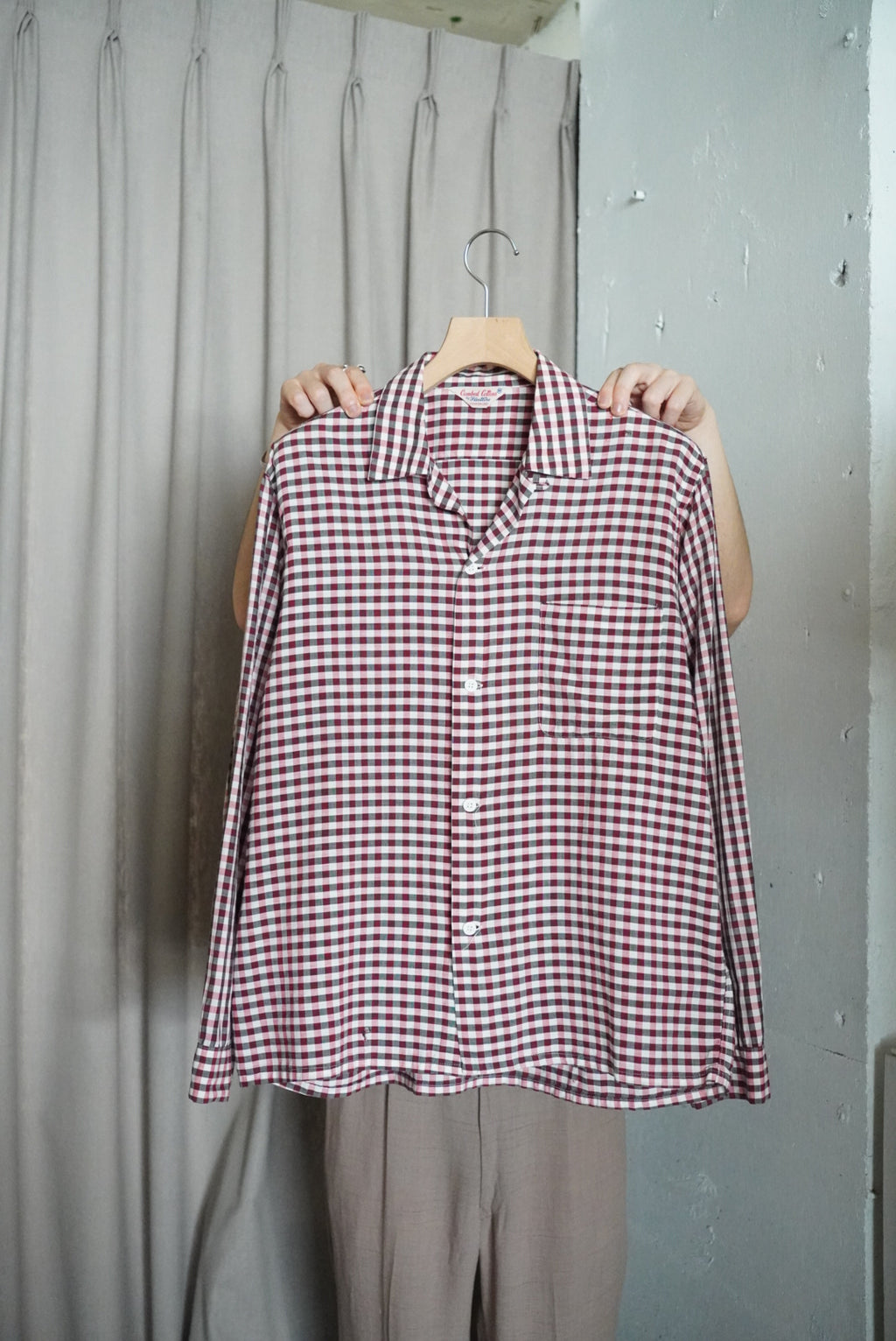 1960s gingham check open collar shirt