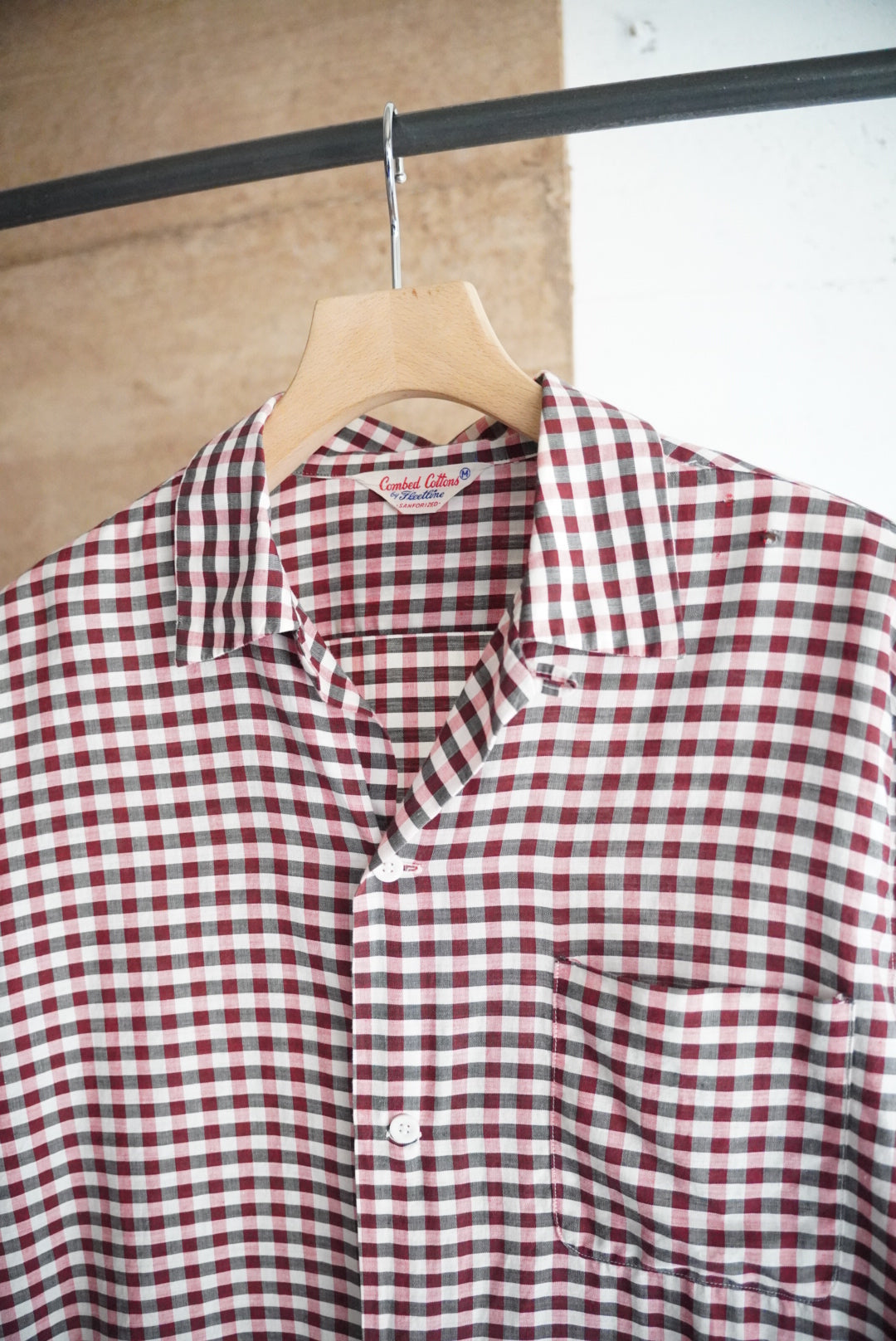 1960s gingham check open collar shirt