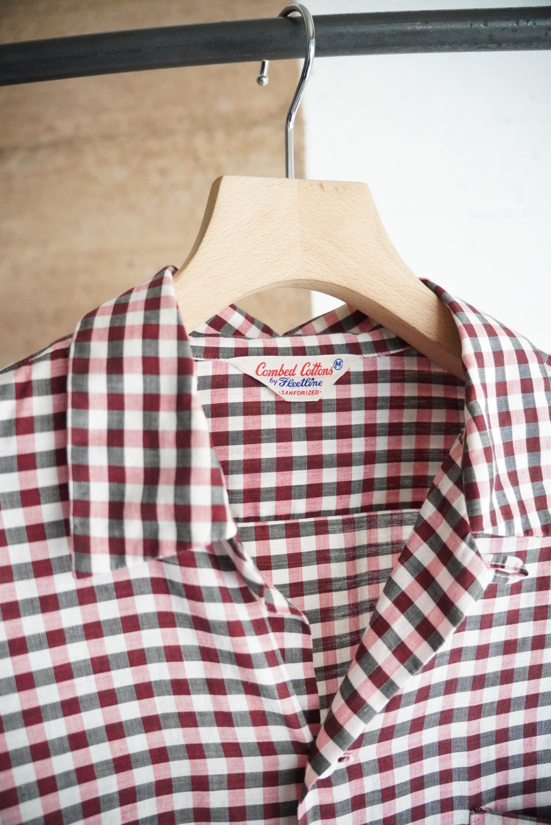 1960s gingham check open collar shirt