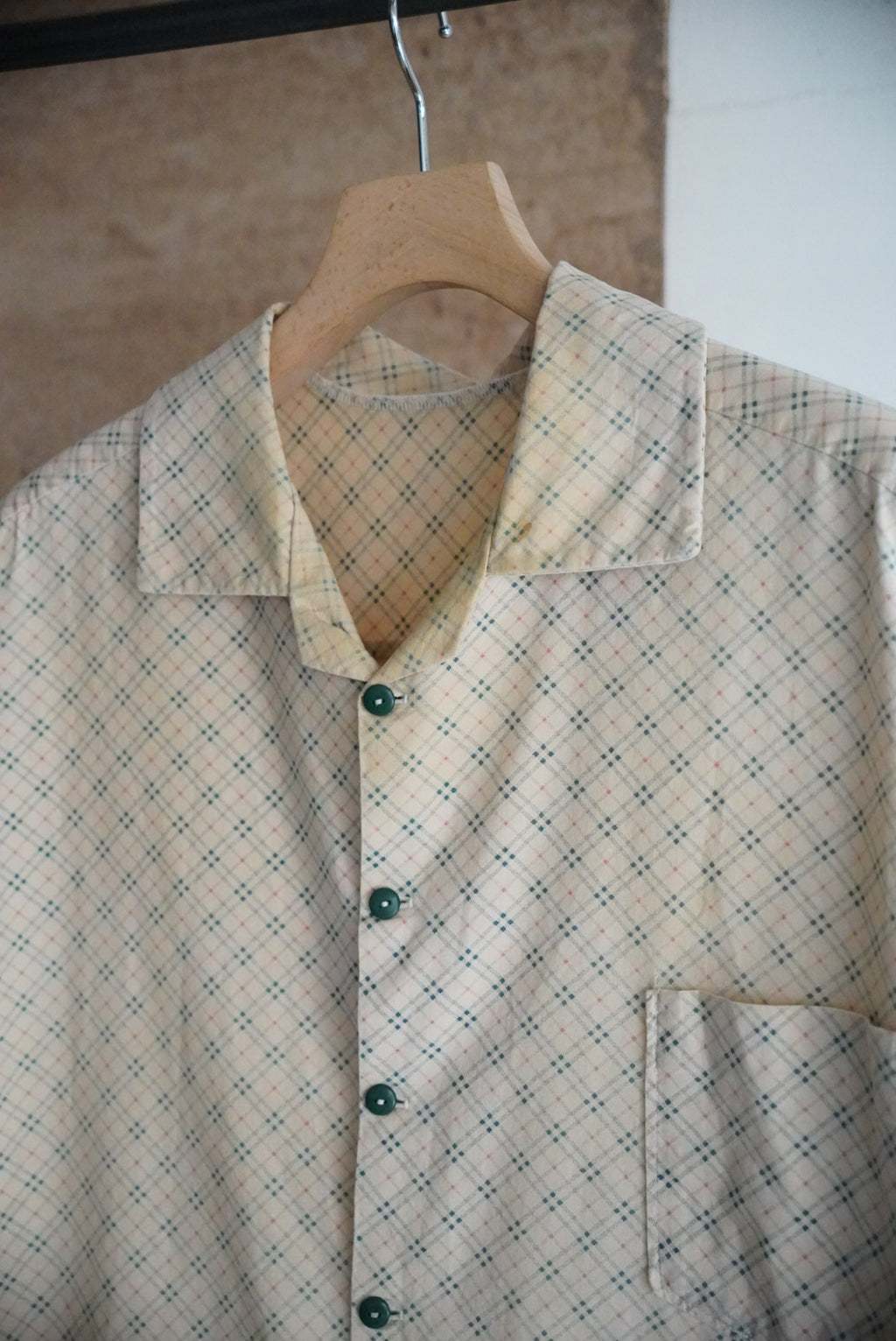 1960s handmade open collar check shirt