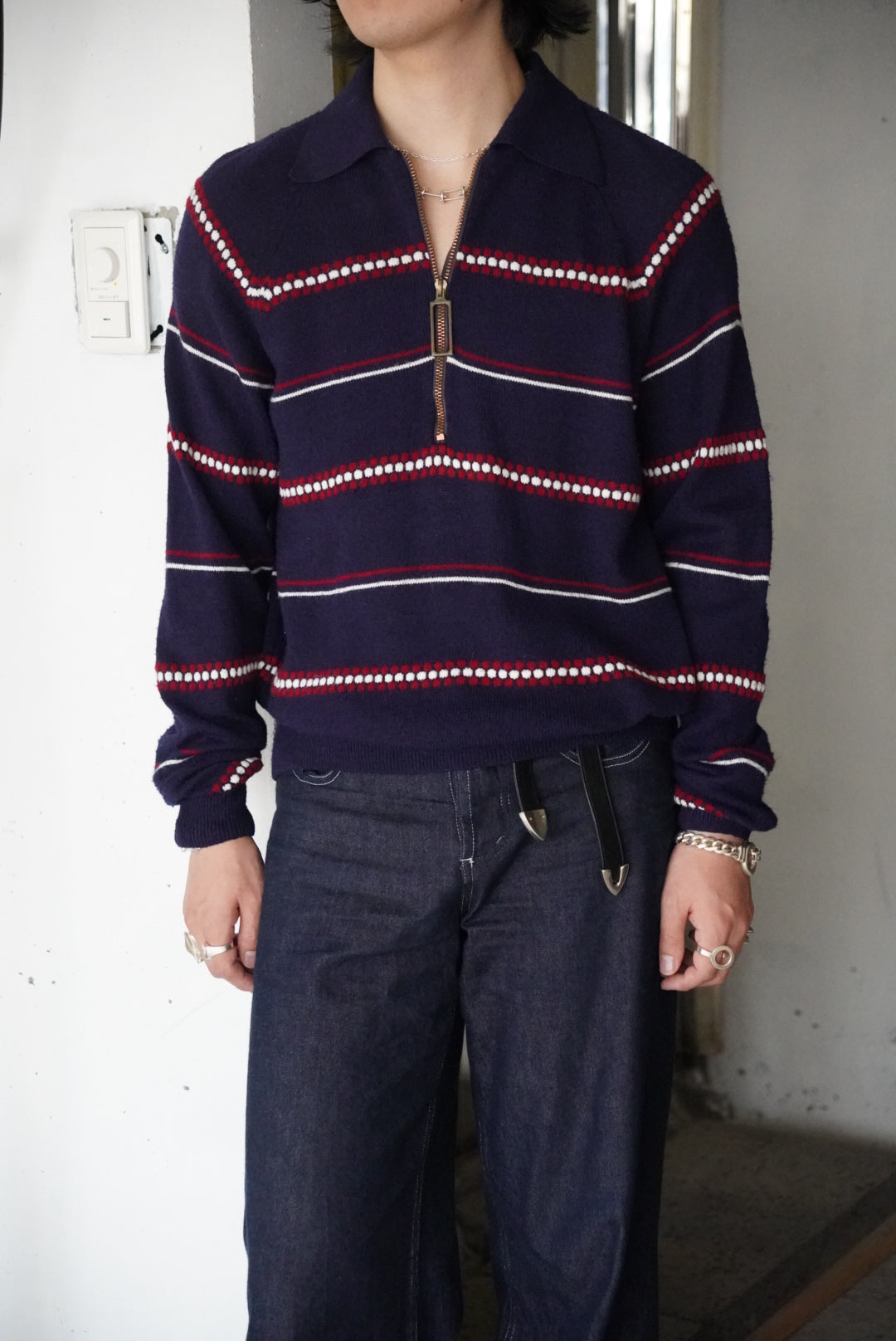 1970s half zip border knit polo